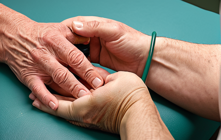 ** A hand therapy session helping a patient regain hand function after a work accident. Focus on techniques used for evaluation, treatment, and effective hand function recovery.
**