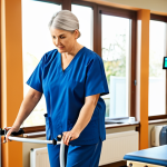 **A physical therapist assisting a stroke patient with walking exercises, modern rehabilitation equipment in the background, bright and encouraging atmosphere.** (Focus: Rehabilitation, support, technology)