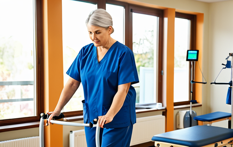 **A physical therapist assisting a stroke patient with walking exercises, modern rehabilitation equipment in the background, bright and encouraging atmosphere.** (Focus: Rehabilitation, support, technology)