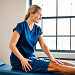 A professional female physical therapist in a modest, dark blue scrub uniform, fully clothed, compassionately guiding an elderly male patient through a gentle rehabilitation exercise. The patient, wearing comfortable, appropriate activewear, is seated in a natural pose with perfect anatomy and correct proportions. They are in a bright, clean, modern therapy room with warm natural light filtering through a large window. The atmosphere is hopeful and supportive. Well-formed hands, proper finger count, natural body proportions, professional photography, high quality, safe for work, appropriate content, family-friendly.