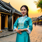 **

A Vietnamese woman, fully clothed in a traditional Ao Dai dress, standing gracefully in front of the Hoi An Ancient Town at sunset. Warm, golden light. Perfect anatomy, correct proportions, natural pose, well-formed hands, proper finger count, natural body proportions. Safe for work, appropriate content, modest, family-friendly, professional photography, high quality.

**