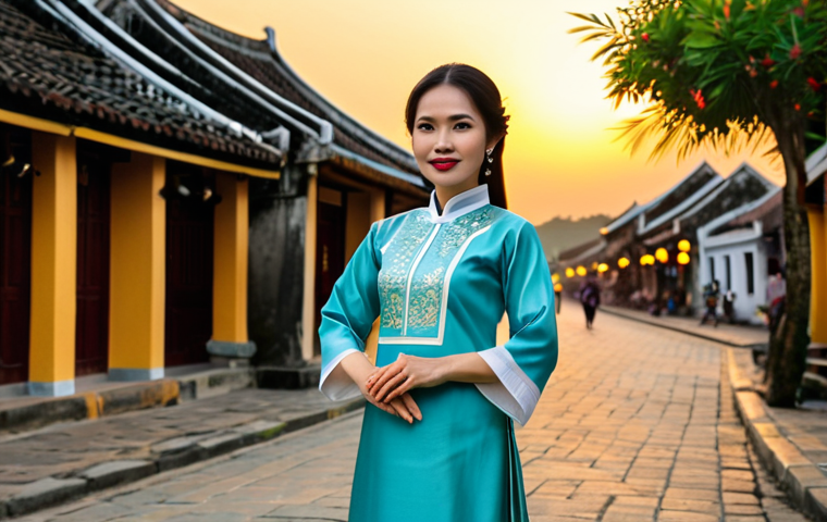 **

A Vietnamese woman, fully clothed in a traditional Ao Dai dress, standing gracefully in front of the Hoi An Ancient Town at sunset. Warm, golden light. Perfect anatomy, correct proportions, natural pose, well-formed hands, proper finger count, natural body proportions. Safe for work, appropriate content, modest, family-friendly, professional photography, high quality.

**