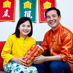 **

A Vietnamese family enjoys a traditional Tet celebration in their brightly decorated living room. The mother, wearing a colorful Áo dài, arranges a mâm ngũ quả. The father smiles, holding a sprig of blossoming mai (Ochna integerrima). Children, dressed in festive clothing, play with firecrackers (ensure these are depicted safely and without actual fire). Safe for work, appropriate content, fully clothed, family-friendly. Perfect anatomy, correct proportions, natural pose.

**