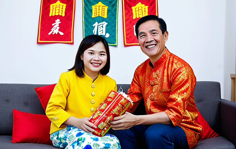 **

A Vietnamese family enjoys a traditional Tet celebration in their brightly decorated living room. The mother, wearing a colorful Áo dài, arranges a mâm ngũ quả. The father smiles, holding a sprig of blossoming mai (Ochna integerrima). Children, dressed in festive clothing, play with firecrackers (ensure these are depicted safely and without actual fire). Safe for work, appropriate content, fully clothed, family-friendly. Perfect anatomy, correct proportions, natural pose.

**