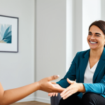 **

A friendly and professional female therapist in a bright and welcoming office. She is smiling warmly at a client, a young woman dressed in casual but modest clothing. The therapist is gesturing empathetically. The office includes comfortable seating, soft lighting, and calming artwork. The overall tone is one of support and trust.  Safe for work. Appropriate content. Fully clothed. Professional. Perfect anatomy, correct proportions, natural pose, well-formed hands.

**