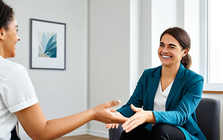**

A friendly and professional female therapist in a bright and welcoming office. She is smiling warmly at a client, a young woman dressed in casual but modest clothing. The therapist is gesturing empathetically. The office includes comfortable seating, soft lighting, and calming artwork. The overall tone is one of support and trust.  Safe for work. Appropriate content. Fully clothed. Professional. Perfect anatomy, correct proportions, natural pose, well-formed hands.

**