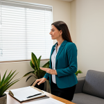 작업치료사에게 유용한 앱 추천 - "A professional female therapist in a modest and stylish office, fully clothed in appropriate attire...
