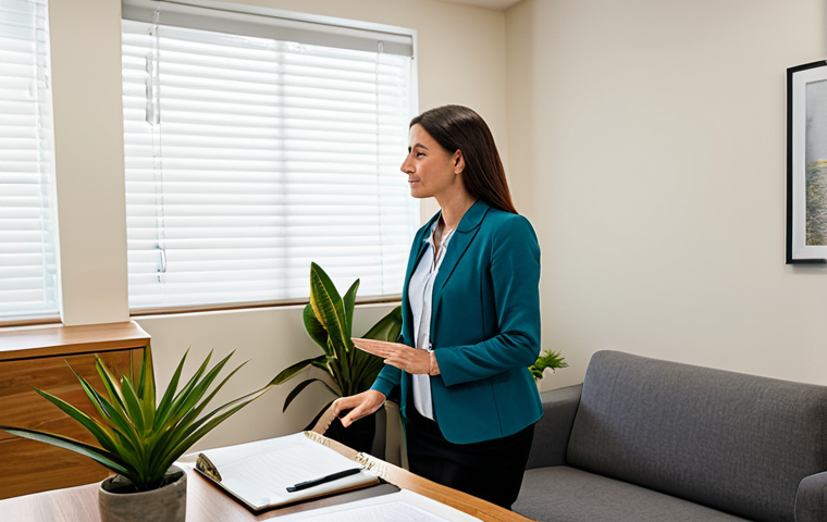 작업치료사에게 유용한 앱 추천 - "A professional female therapist in a modest and stylish office, fully clothed in appropriate attire...