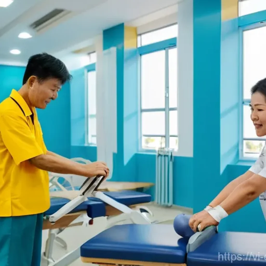 작업치료사의 이직 후 근무 경험 - A bustling, bright, and modern rehabilitation center in a vibrant Vietnamese city. Focus on Vietname...