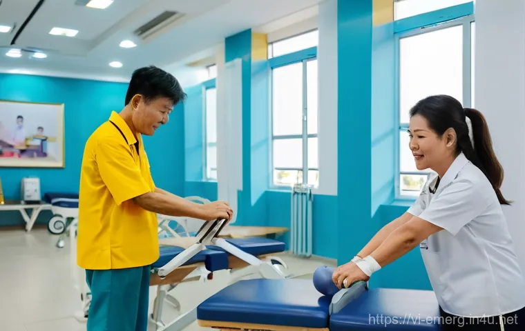 작업치료사의 이직 후 근무 경험 - A bustling, bright, and modern rehabilitation center in a vibrant Vietnamese city. Focus on Vietname...
