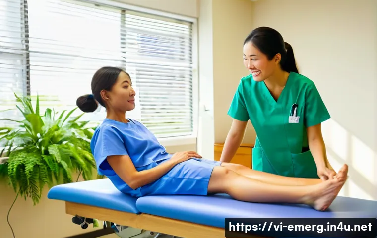 작업치료사의 실습생 지도 노하우 - **Image Prompt: Mentor and Intern Practicing Therapeutic Exercise with a Patient**
"A bright, cl...