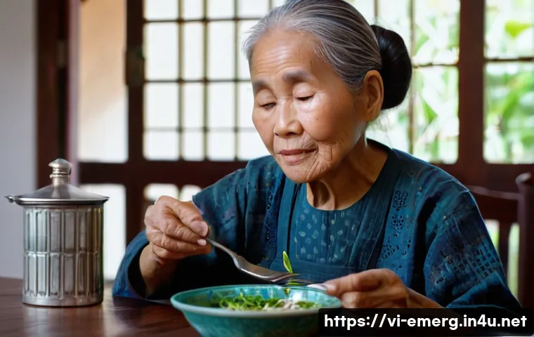 작업치료사의 환자 운동 사례 - **Prompt for Self-feeding with Adapted Cutlery:**
A serene indoor scene featuring an elderly Vie...