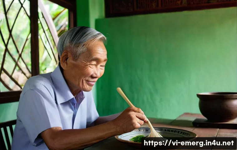 작업치료사의 치료 목표 관리 사례 - **Prompt:** A warm, brightly lit dining area in a traditional Vietnamese home. An elderly Vietnamese...