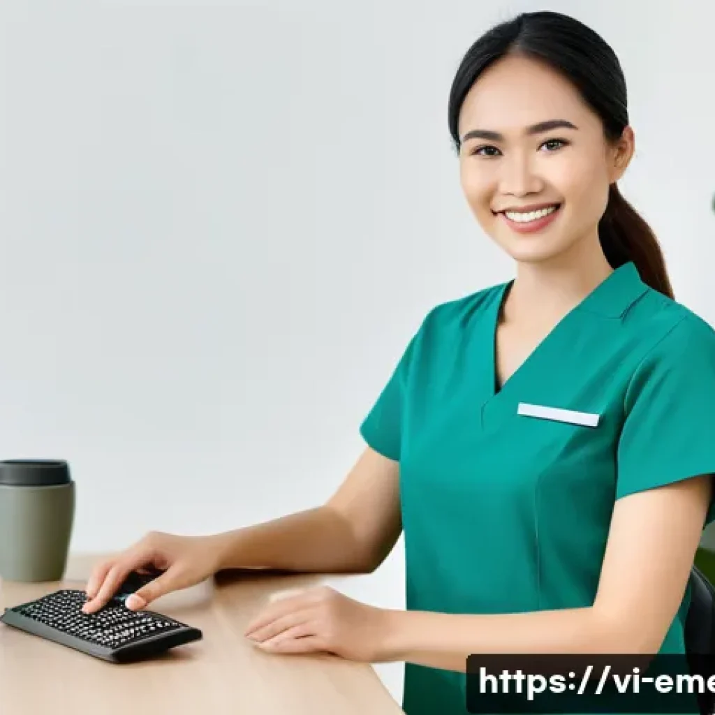 작업치료사의 클리닉 관리 팁 - **Prompt:** A serene and modern physical therapy clinic reception area in Vietnam, bathed in soft, n...