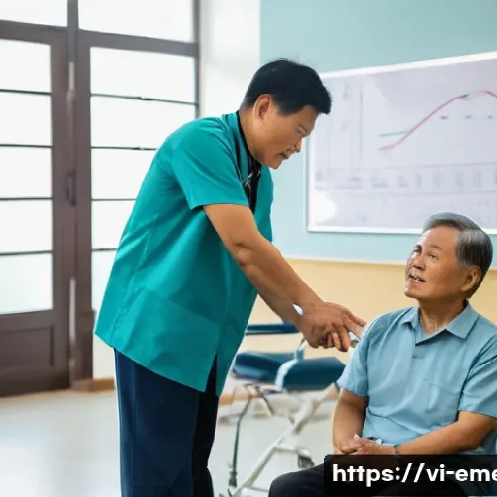 작업치료사의 치료 목표 설정 사례 - A professional occupational therapist attentively assessing a middle-aged Vietnamese male patient’s ...