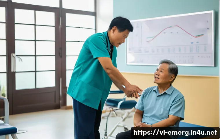 작업치료사의 치료 목표 설정 사례 - A professional occupational therapist attentively assessing a middle-aged Vietnamese male patient’s ...