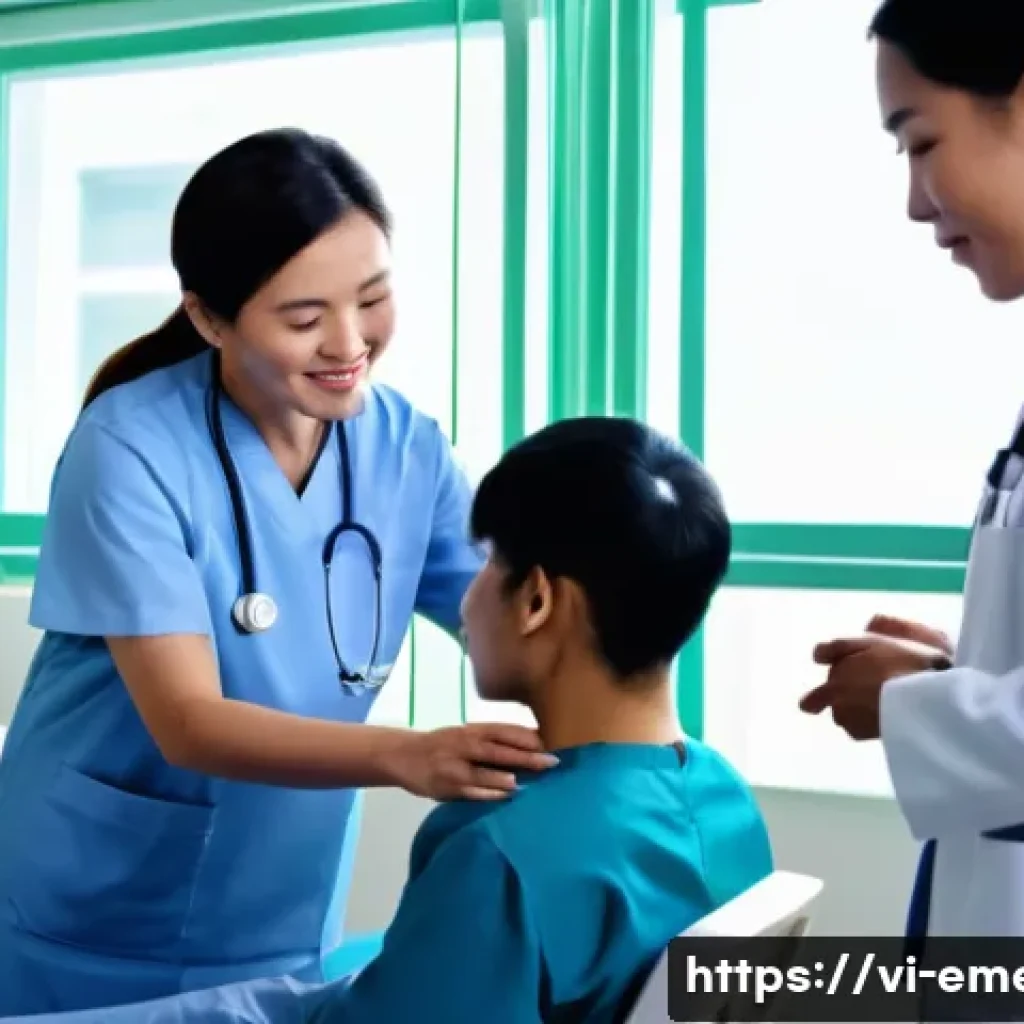 작업치료사의 졸업 후 진로 탐색 - A diverse occupational therapy hospital scene in Vietnam, showing a professional occupational therap...
