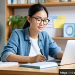 작업치료사의 자격 시험 준비 과정 - A focused Vietnamese young adult studying occupational therapy certification at a tidy desk in a bri...