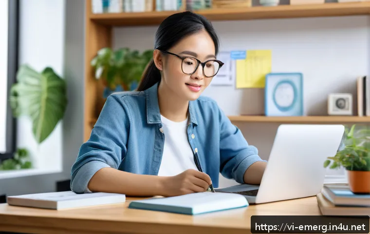 작업치료사의 자격 시험 준비 과정 - A focused Vietnamese young adult studying occupational therapy certification at a tidy desk in a bri...