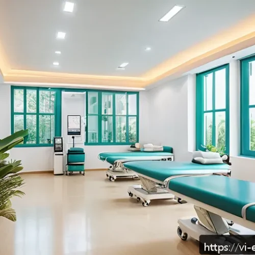 작업치료사의 클리닉 개업 준비 과정 - A modern physical therapy clinic interior in Vietnam, spacious and brightly lit with natural light, ...